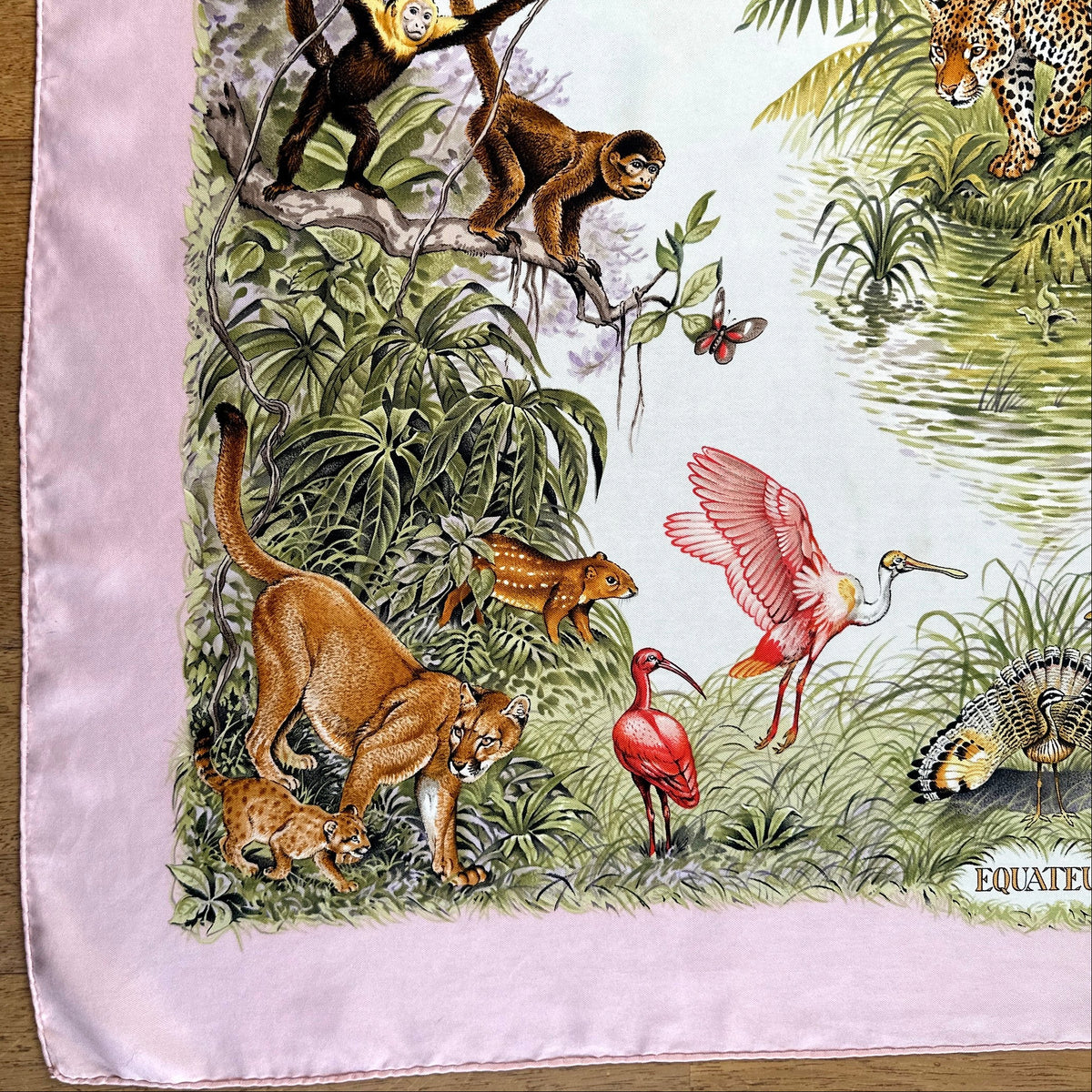 Carré Hermès Équateur de Robert Dallet, 90 cm en soie : coin aux singes, puma et spatule rosée, ourlet roulotté
