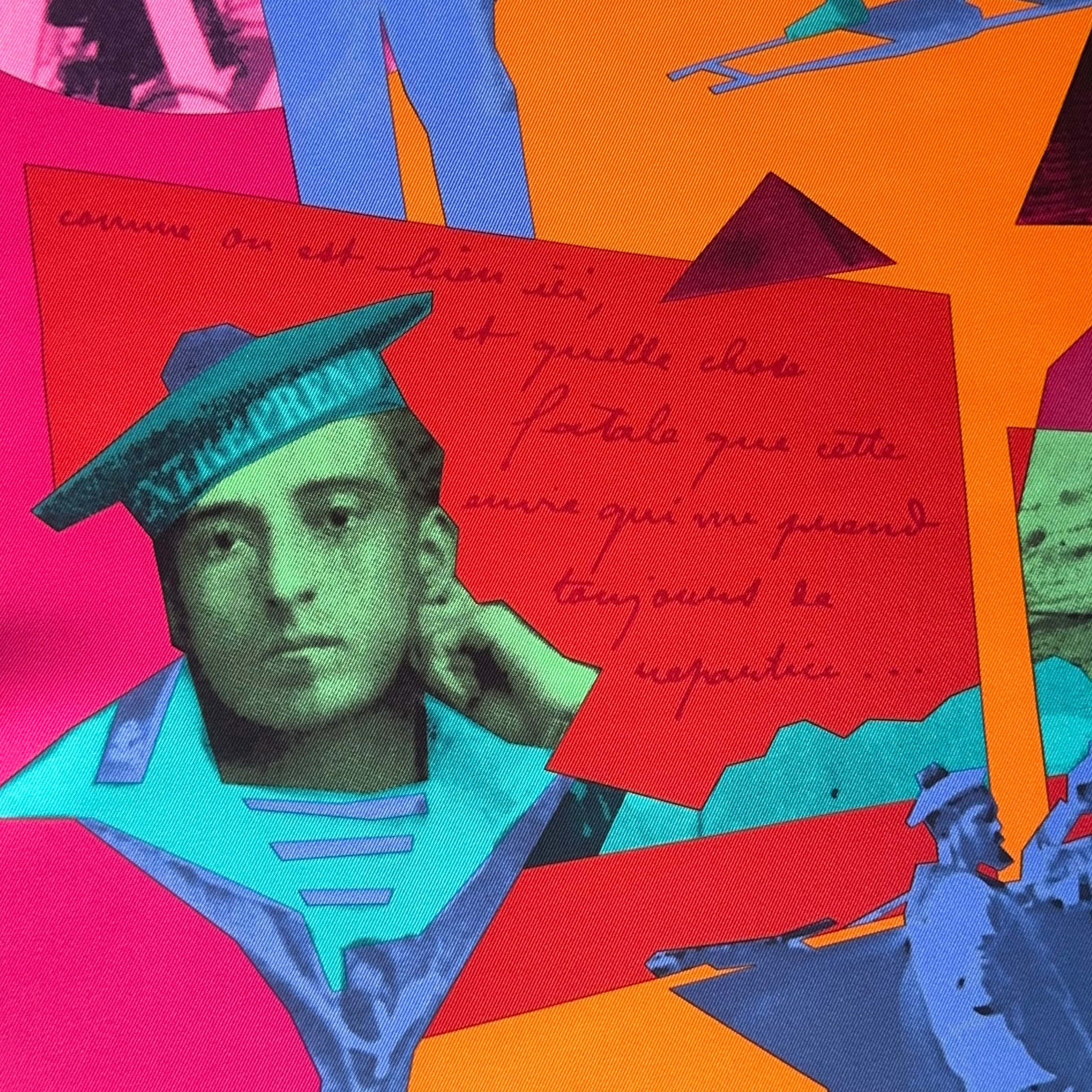 Gros plan sur le portrait "Pop" d'un jeune marin (Pierre Loti) et encart rouge avec texte manuscrit sur fond fuchsia.