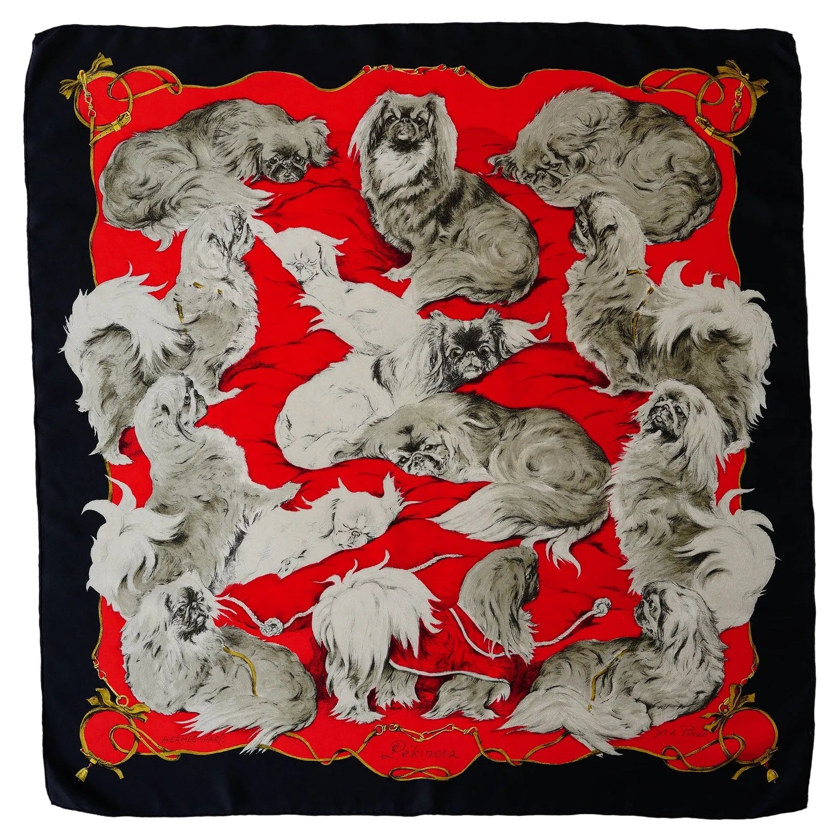 Foulard Hermès 90 cm Les Pékinois par Xavier de Poret coloris rouge et noir déplié.