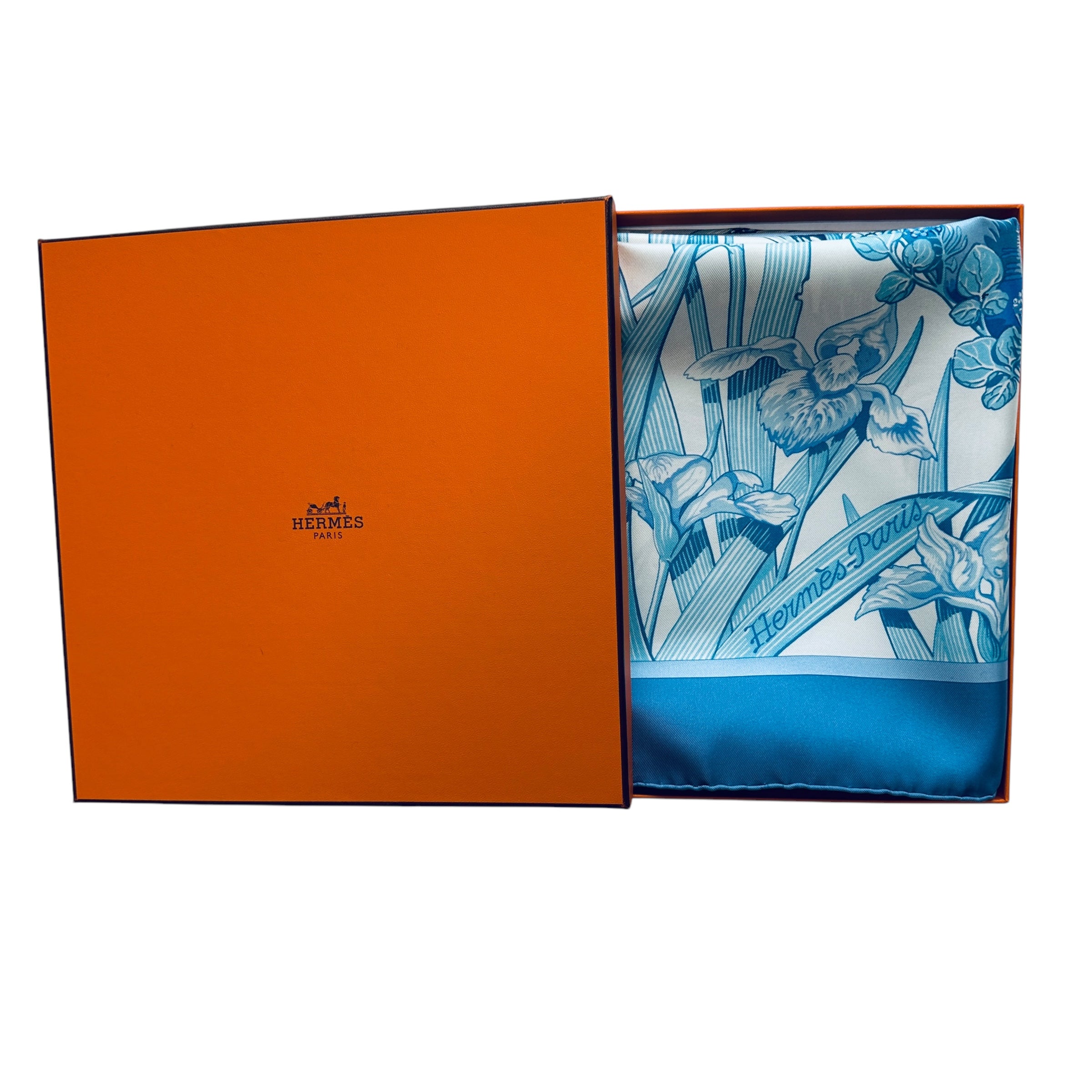foulard hermes au bord de l'eau bleu dans sa boite orange
