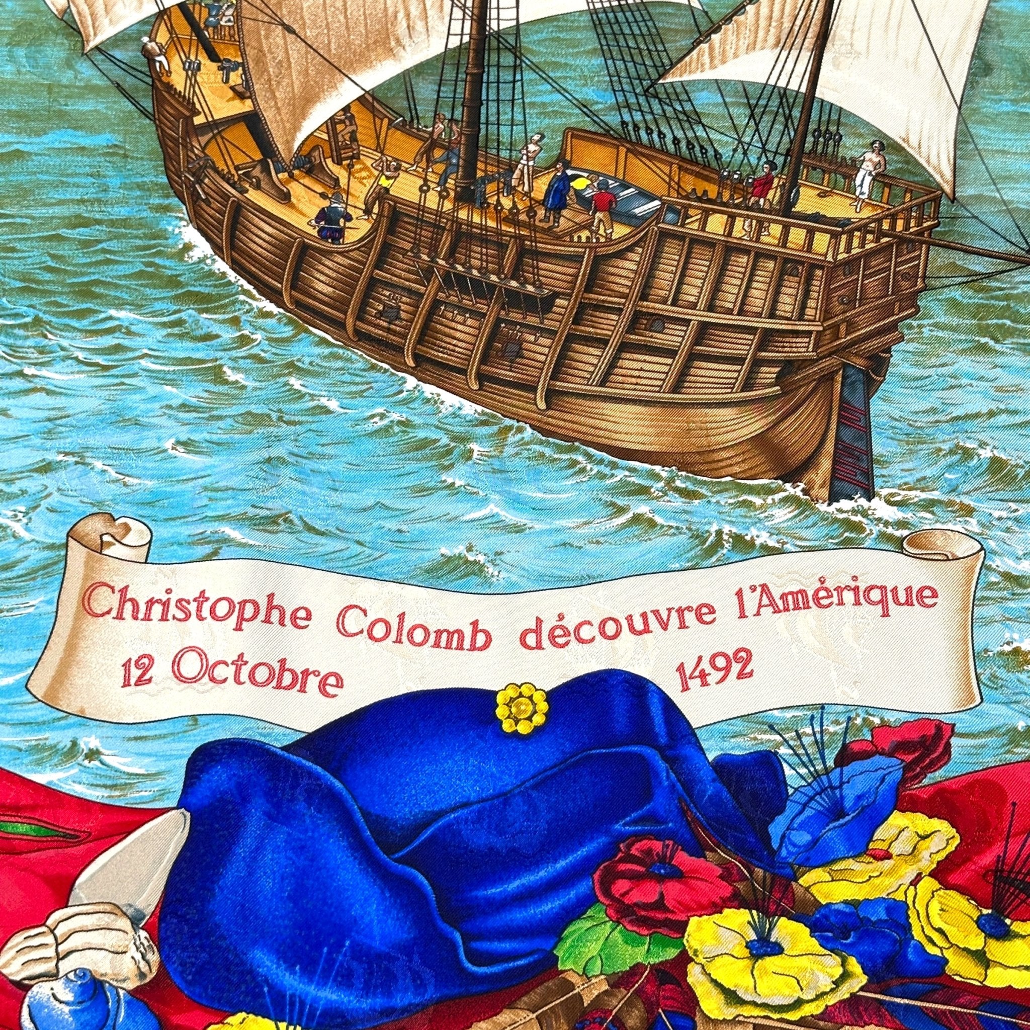 titre complet du foulard sur un parchemin Christophe colomb découvre l'amérique 12 octobre 1492