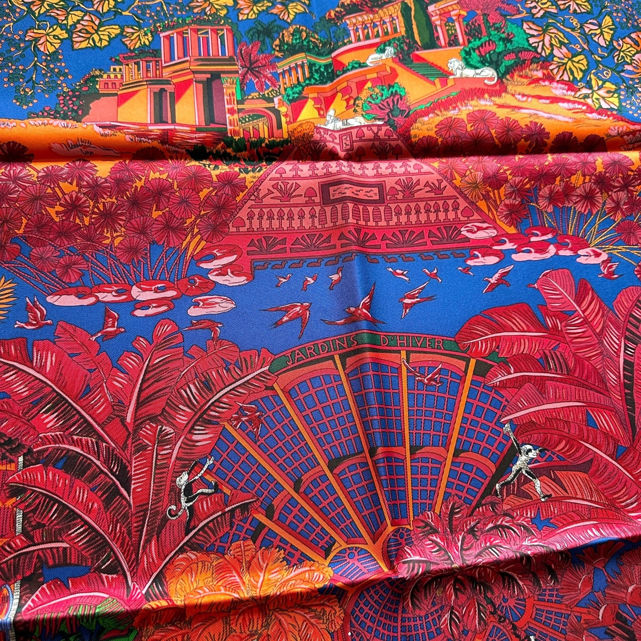 foulard carre hermes jardins d hiver dessin d'oiseaux et de palmiers rouges