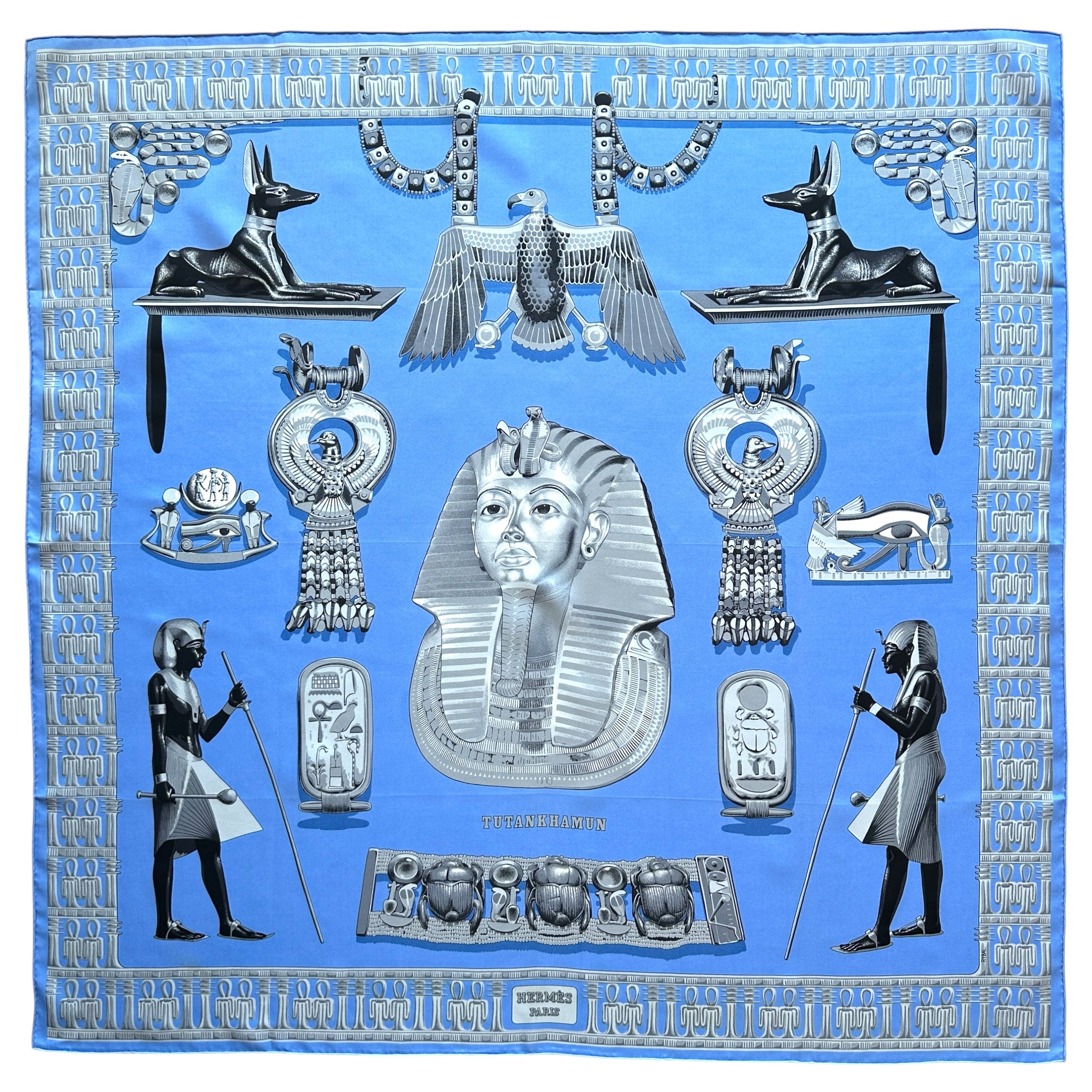 Foulard Hermès Tutankhamun – Vue d’ensemble du carré 90 cm, palette bleue
