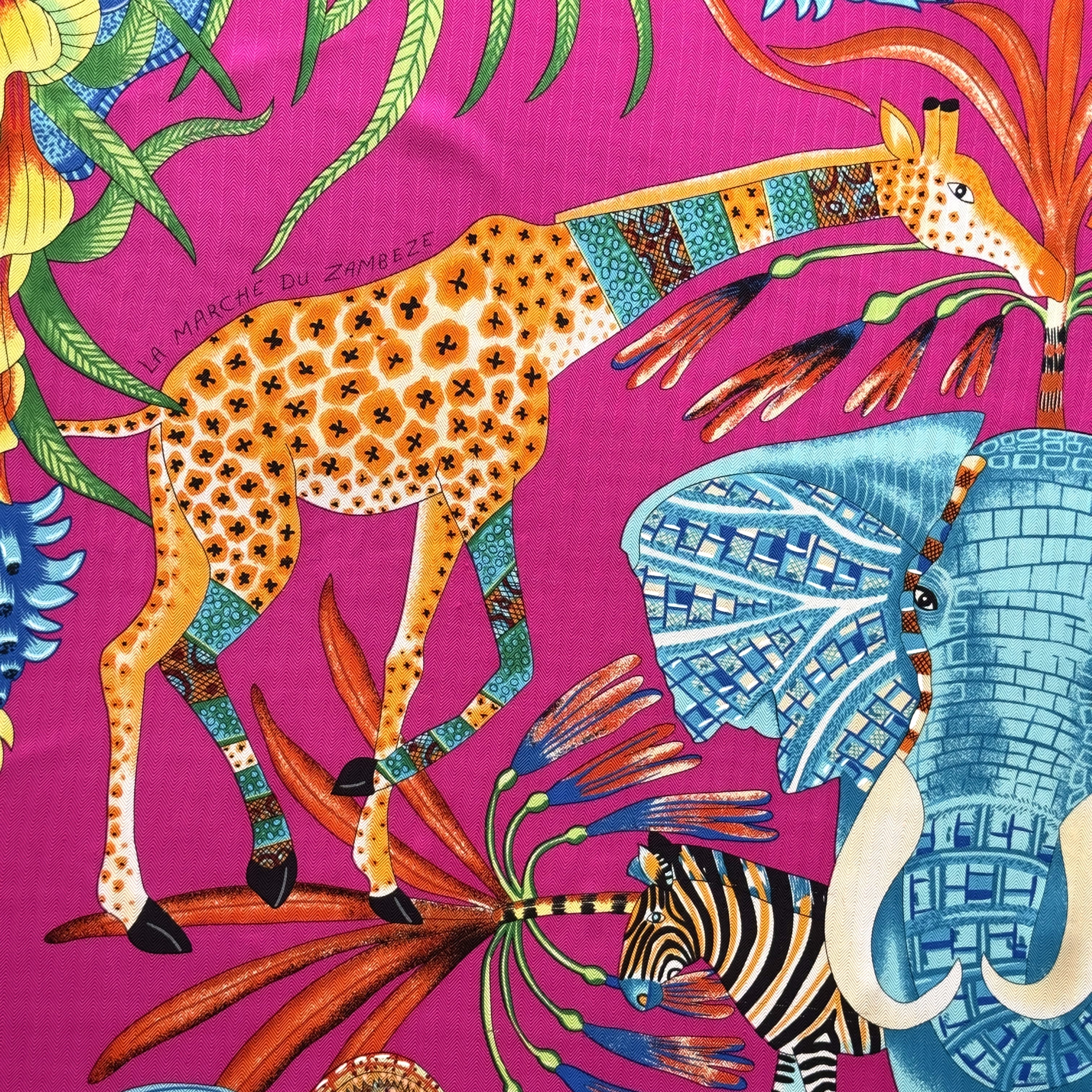 Carré Hermès La Marche du Zambèze 140 cm soie, détail titre et girafe