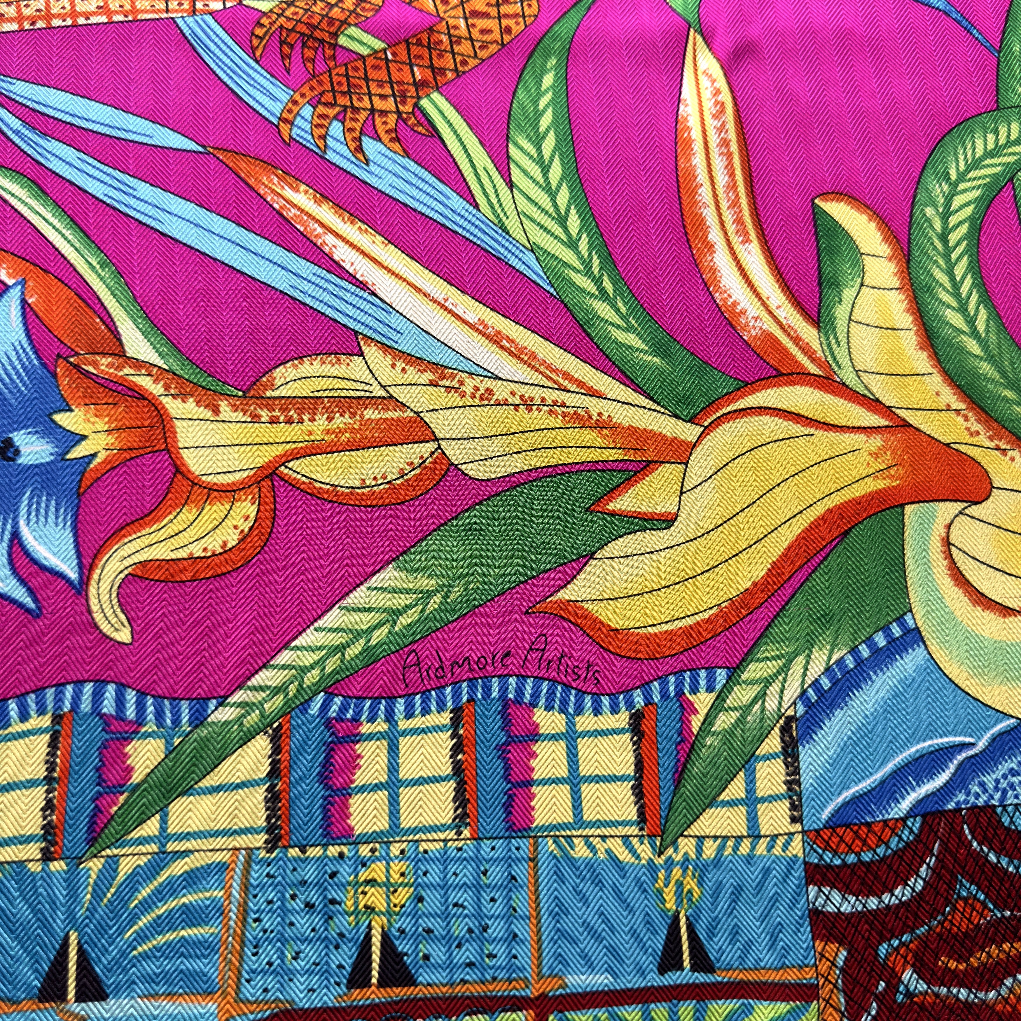Carré Hermès La Marche du Zambèze 140 cm soie, signature artiste Ardmore Artists
