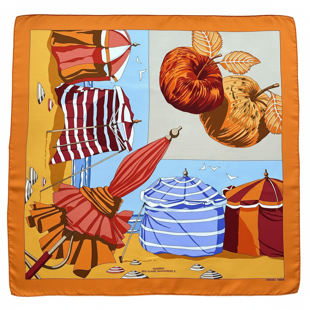 Vue complète du foulard Hermès Charmes des Plages Normandes II orange, signé Pierre Marie