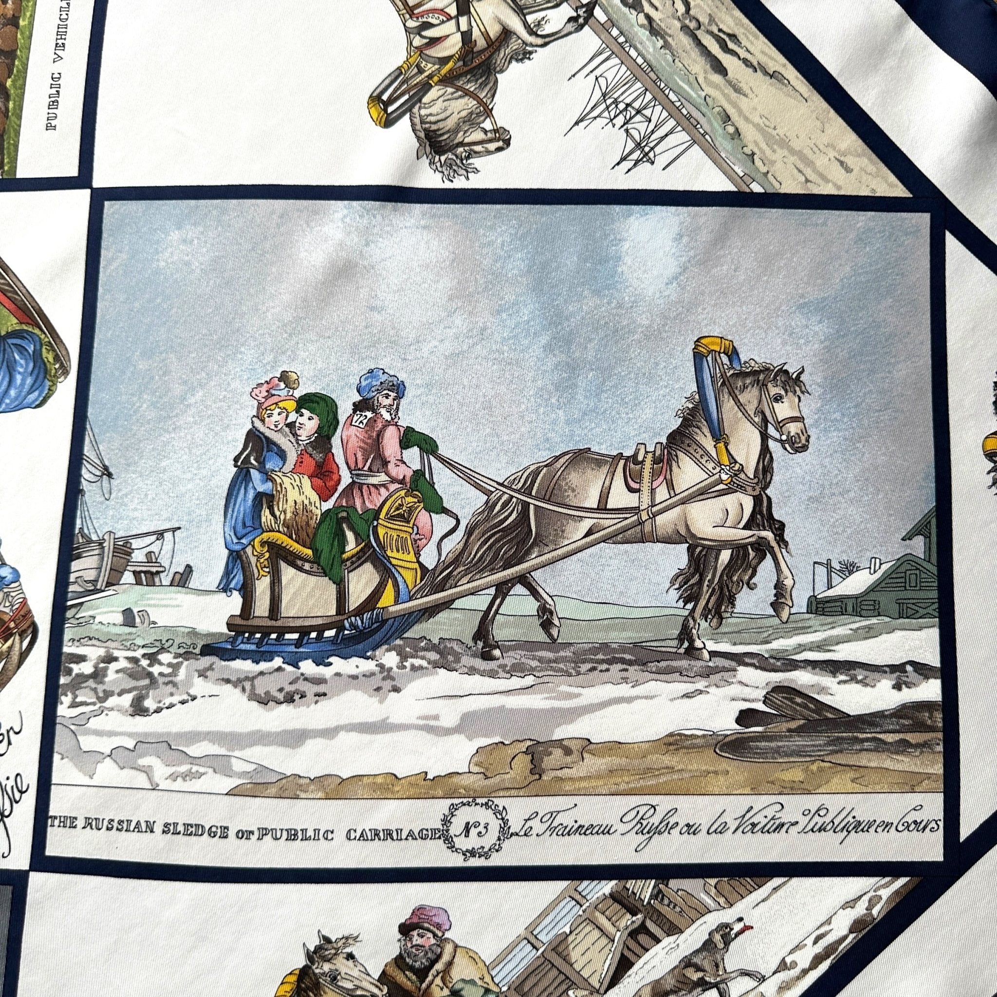 Détail du motif : attelage russe en traîneau sur fond de neige